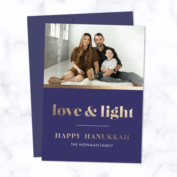 Hanukkah Photo Cards with Gold Foil-Pressed Love & Light and Happy Hanukkah and Family Name with Navy Blue Envelope
