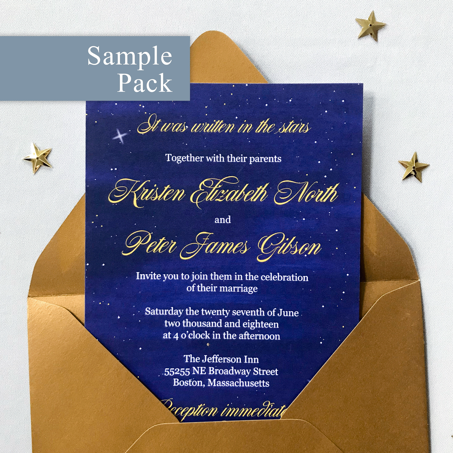 Wedding Invitation Sample Pack - The Luna Suite - Written in the Stars Navy Blue and Gold Wedding Theme