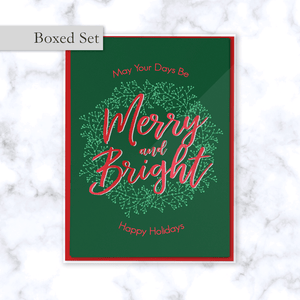 Merry & Bright Boxed Christmas Greeting Card Set in Green and Red with Envelopes Included