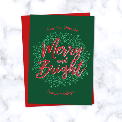 Merry & Bright Christmas Folded Card Blank Inside Dark Green with Red Envelope