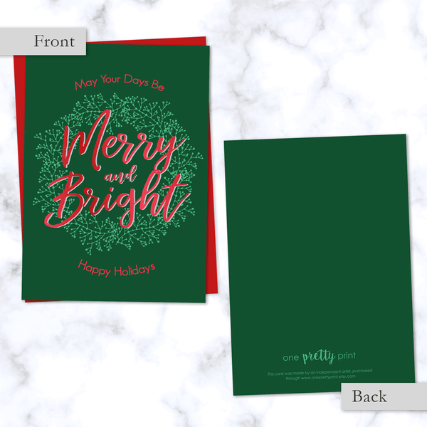 Merry & Bright Christmas Folded Card - Front and Back View. Blank Inside, Dark Green and Red with Red Envelope