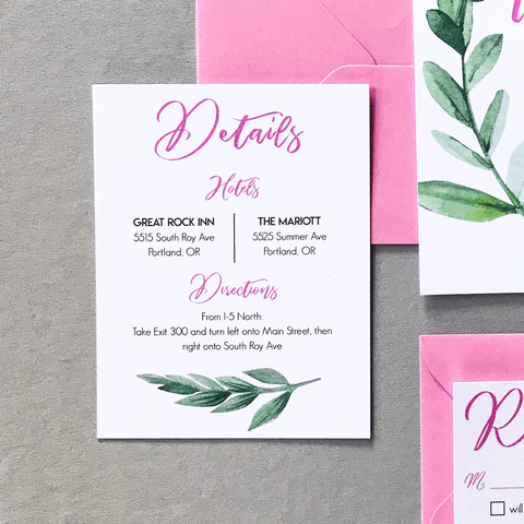 Details Insert Card - Miranda Suite - Pink and Watercolor Green Leaf Wedding Invitations
