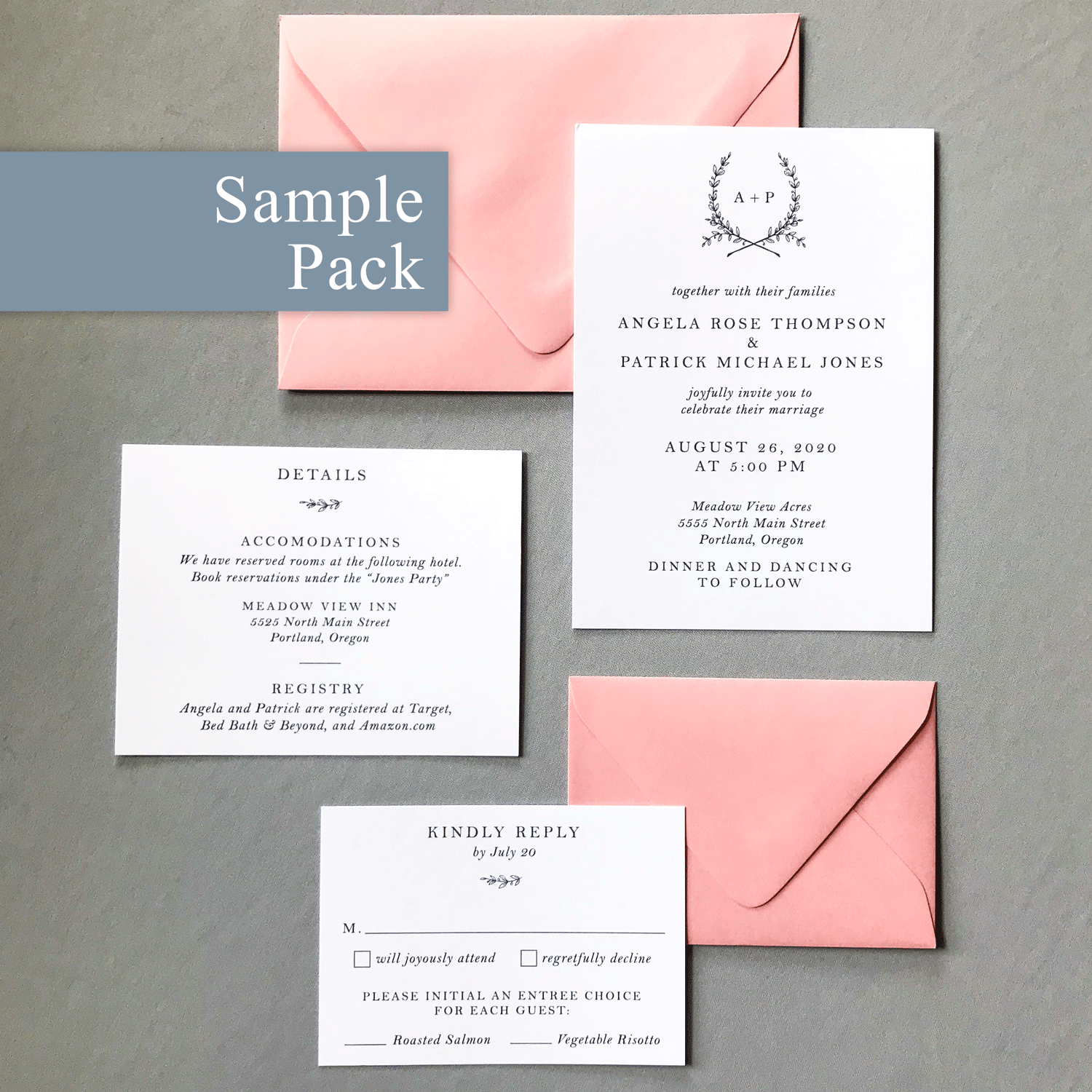 Invitation Sample Pack Close up with Details Card and RSVP in white and Candy Pink - The Ophelia Suite - Minimal Floral Monogram Wedding Invitation Collection