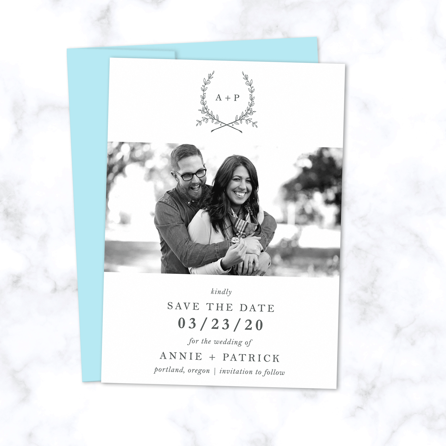 Save the Date Photo Card with Initials and Hand Drawn Floral Wreath - The Ophelia Suite Wedding Collection - Front with Light Blue Envelope