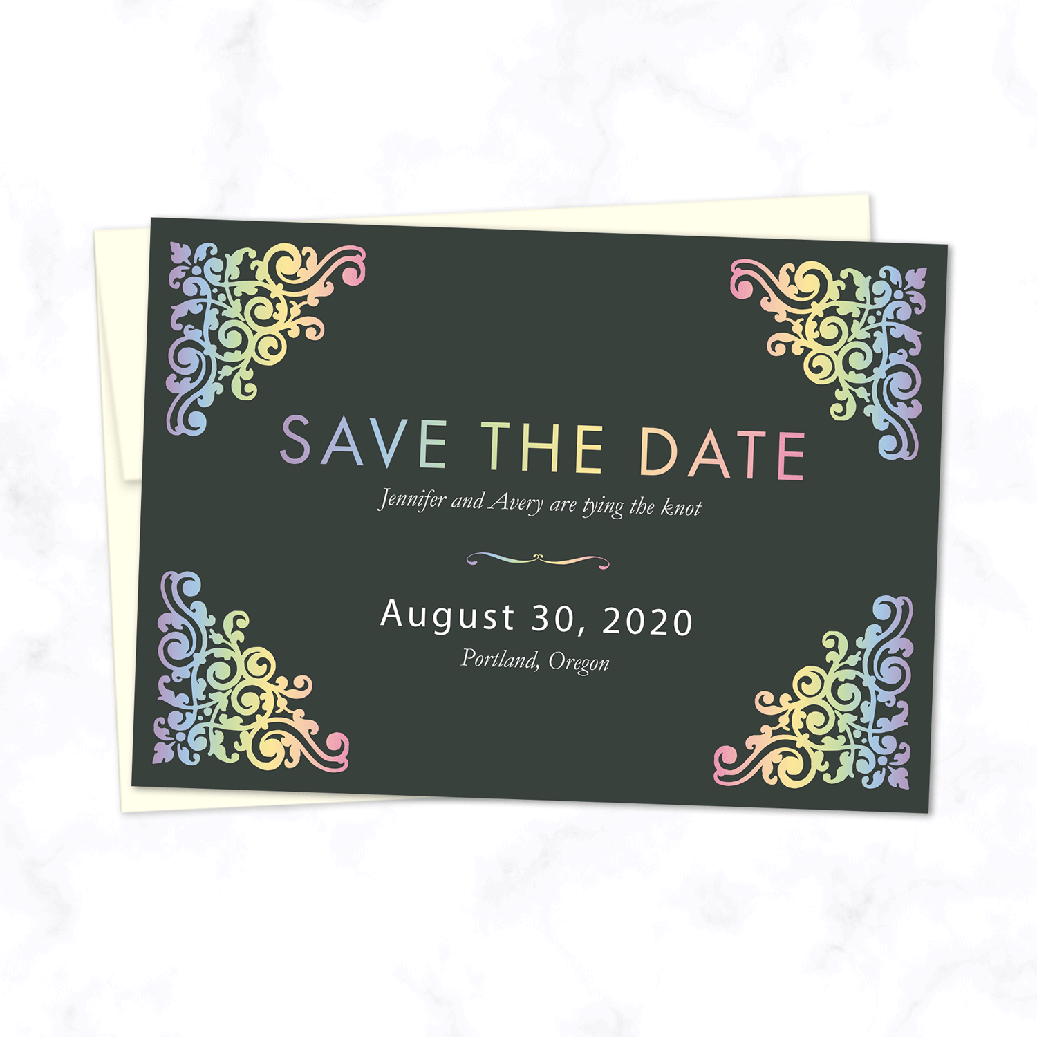 Pastel Rainbow Wedding Save the Date Card with Cream Envelope Included