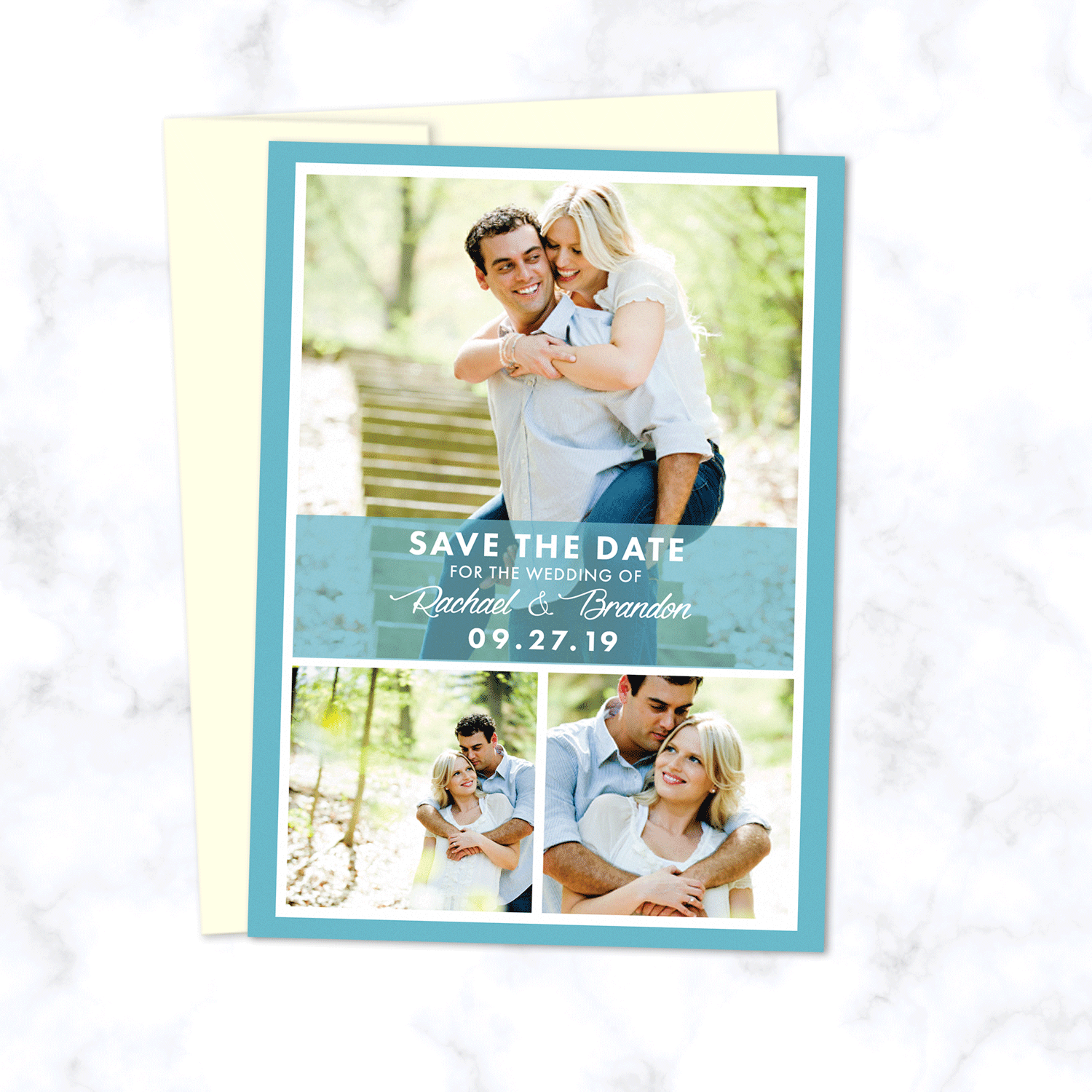 Save the Date Wedding Card with Three 3 Engagement Photos in Modern Style Grid any Custom Background Color - Shown here in Light Blue