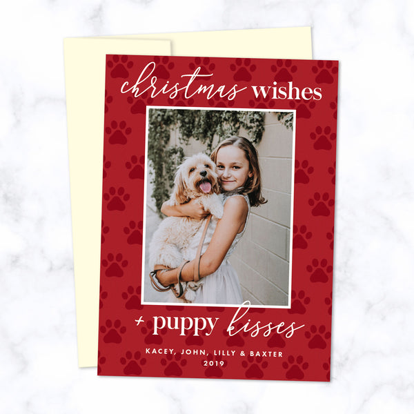 Christmas Photo Cards with Pet Photo - Christmas Wishes and Puppy Kisses - Envelopes Included