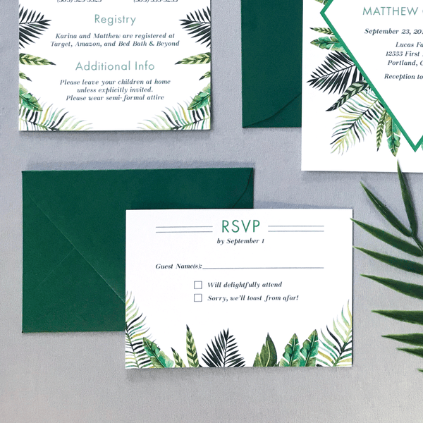 RSVP Card and Envelope - The Callisto Suite - Tropical Palm Leaves Wedding Invitation Suite