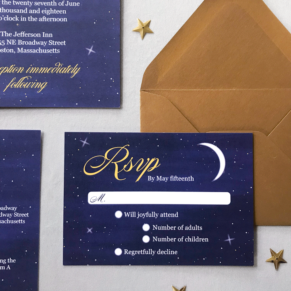 RSVP Card with Envelope - The Luna Suite - Written in the Stars Navy Blue and Gold Wedding Theme
