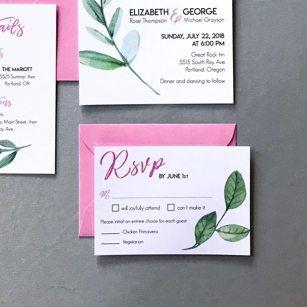 RSVP Cards and Envelopes - Miranda Suite - Pink and Watercolor Green Leaf Wedding Suite