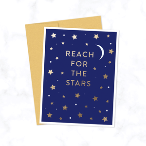 Reach for the Stars A2 Folded Greeting Card with Metallic Gold Foil Stars and Typography with Crescent Moon, Card is Blank inside with Gold Envelope