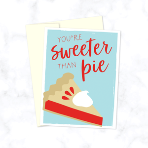 Sweeter than Pie Greeting Card with Illustrated Slice of Pie over Light Blue Background - A2 Folded Blank Card with Cream Envelope - Card Mockup