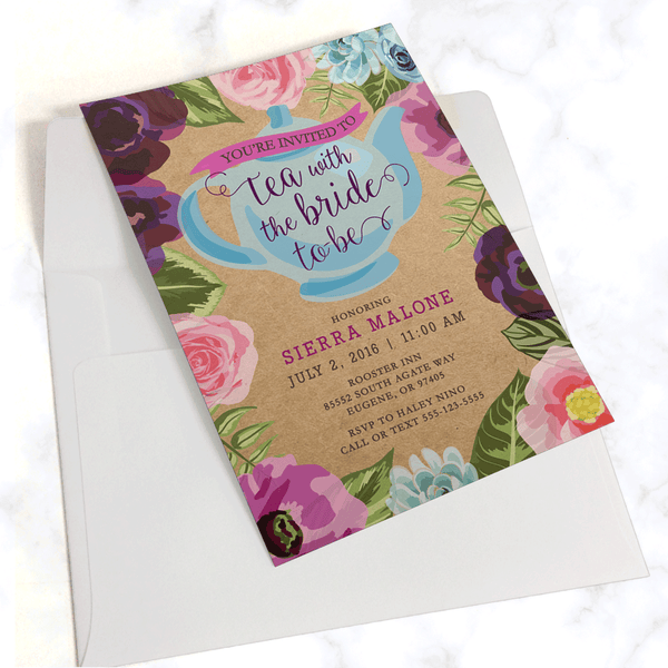 Tea Party Bridal Shower Invitation with White Envelope - Pink and Purple Floral Border with Blue Teapot and Modern Typography - Printed on kraft paper in rustic style