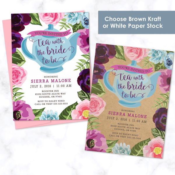 Floral Tea Party Bridal Shower Invitation - Choice of Two Paper Stocks - 120# Matte White Cover Stock or 110# Kraft Paper