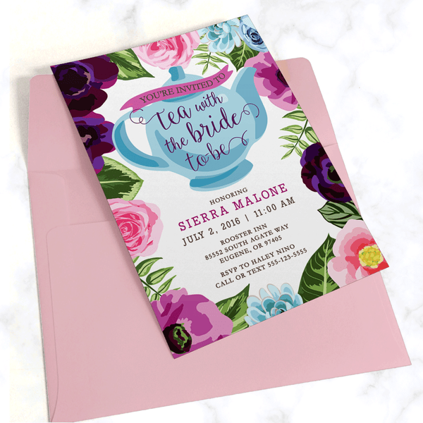 Tea Party Bridal Shower Invitation with Light Pink Envelope - Pink and Purple Floral Border with Blue Teapot and Modern Typography - Printed on White Paper Stock