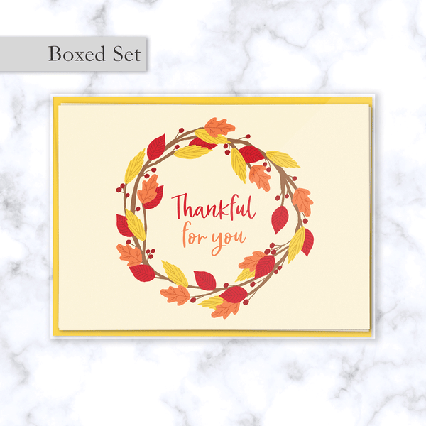 Thankful for You Fall Greeting Card Boxed Set with Wreath of Red, Orange, and Yellow Leaves - Set of 4 -Front of Card and Sunflower Yellow Envelope