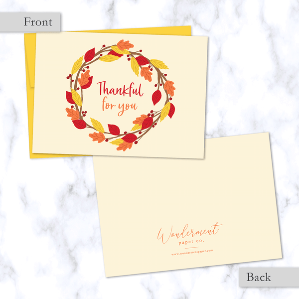 Thankful for You Fall Greeting Card with Wreath of Red, Orange, and Yellow Leaves - Front and Back of Card