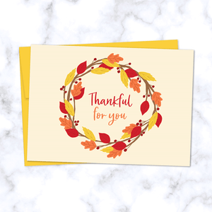 Thankful for You Fall Greeting Card with Wreath of Red, Orange, and Yellow Leaves - Front of Card and Sunflower Yellow Envelope