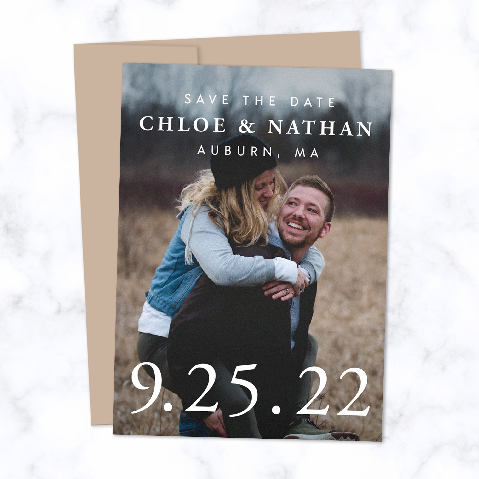 Classic Type Save the Date Cards with Full Frame Photo, Extra Large Date and Minimal Modern Typography shown with Harvest Brown Envelope