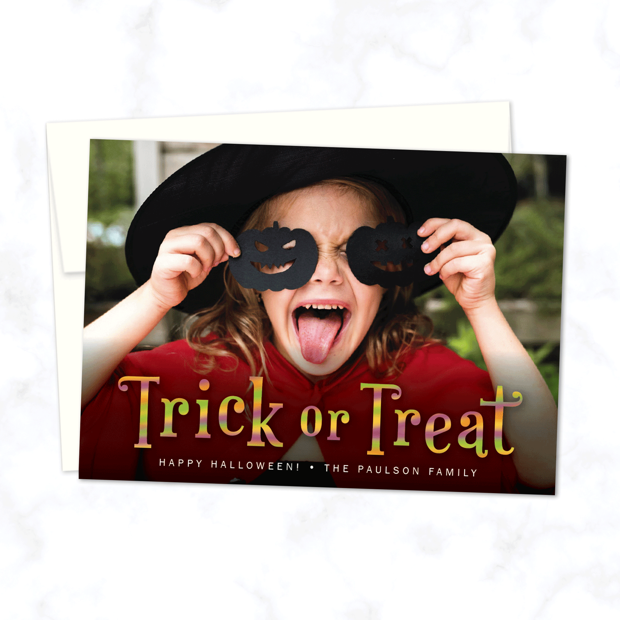 Trick or Treat Halloween Photo Card with White Envelope - Personalized A7 flat Halloween Photo Card