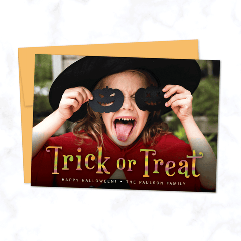 Trick or Treat Halloween Photo Card with Orange Envelope - Personalized A7 Flat Halloween Photo Card
