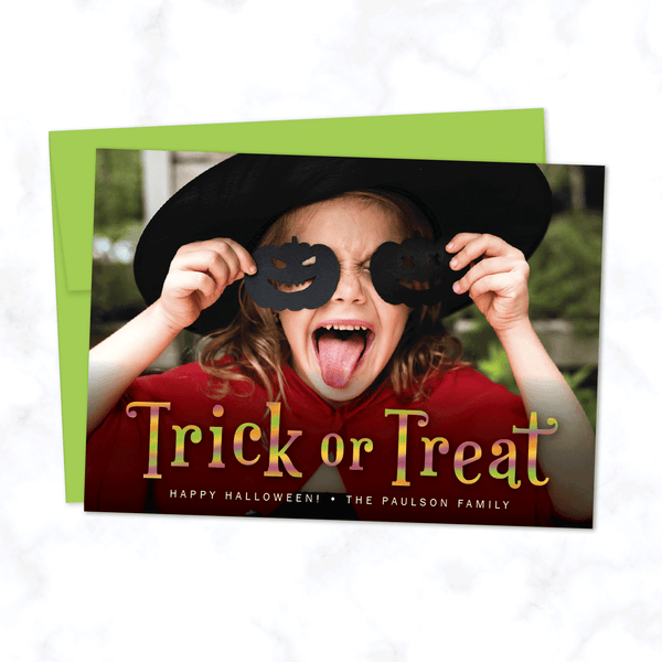 Trick or Treat Halloween Photo Card with Lime Green Envelope - Personalized A7 Flat Halloween Photo Card
