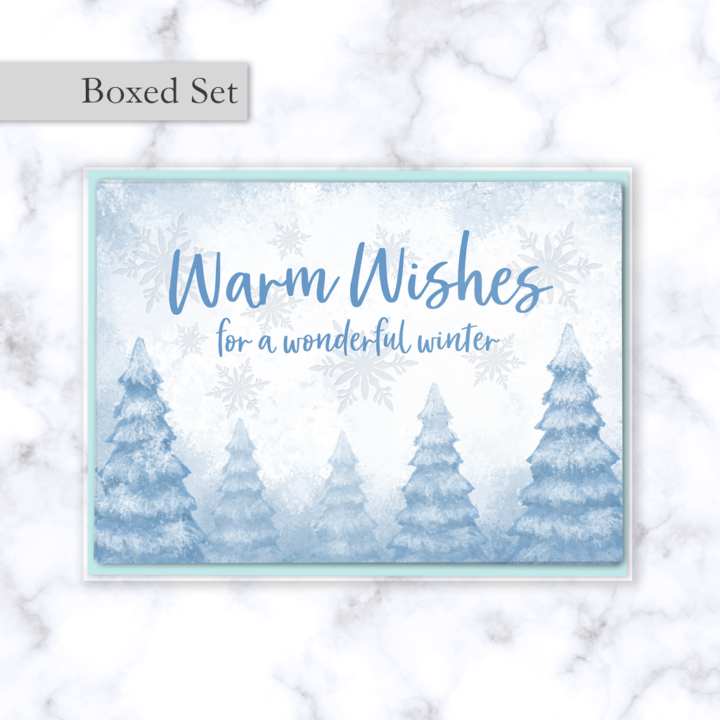 Warm Wishes Holiday Boxed Greeting Card Set with Whimsical Snowy Winter Forest Illustration - Light Blue Envelope Included