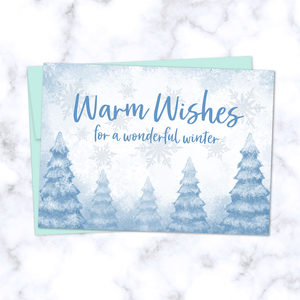 Warm Wishes Holiday Greeting Card with Whimsical Snowy Winter Forest Illustration - Light Blue Envelope Included