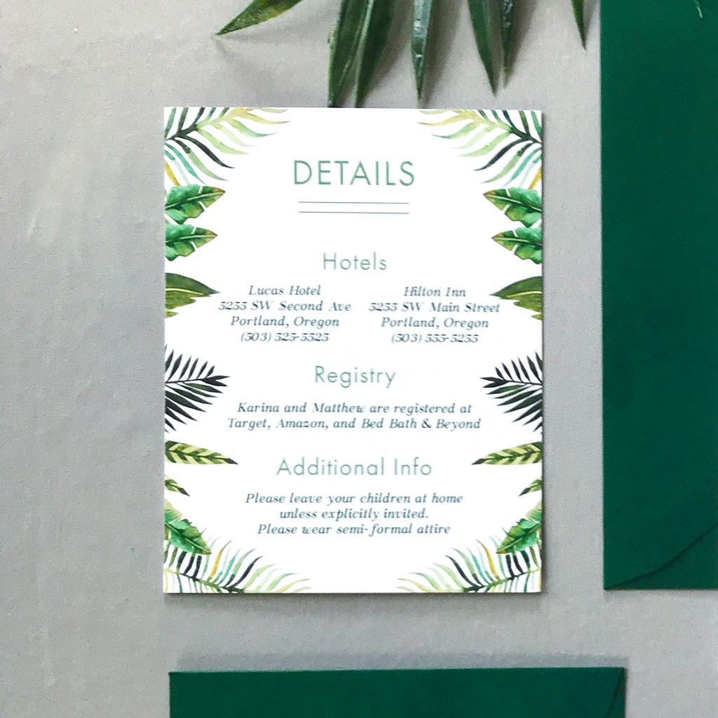 Wedding Details Insert Card - The Callisto Suite - Tropical Palm Leaves Wedding Invitation Suite