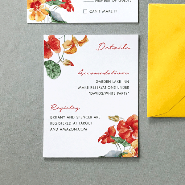 Wedding Details Insert Card - The Bianca Suite - Burnt Orange and Yellow Watercolor Floral Wedding Suite