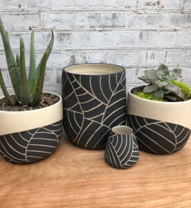 Black and White Carved Ceramic Planters by JenSpringCeramics