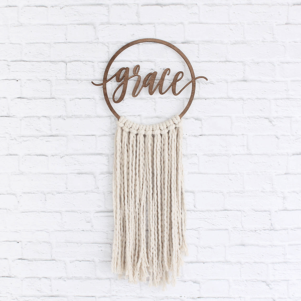 Custom Macrame Hanging with Hoop and Laser Cut Wording by the Duo Studio on Etsy