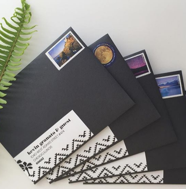 Unique and Classy Mailing Labels by Inktopiary on black envelopes with outdoor themed stamps