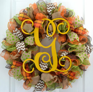 Fall Ribbon and Mesh Monogrammed Wreath by Pink Door Wreaths